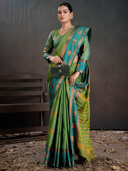 Akhilam - Women Woven Silk Blend Green Saree with Unstitched Blouse