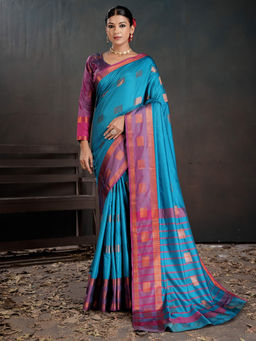 Akhilam - Women Silk Blend Turquoise Woven Saree with Unstitched Blouse