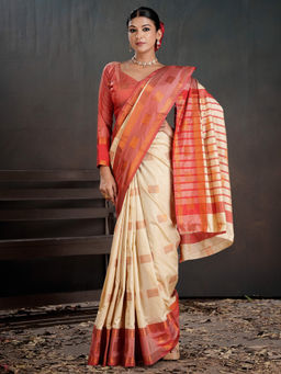 Akhilam - Women Cream Silk Blend Woven Saree with Unstitched Blouse