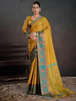 Akhilam - Women Mustard Silk Blend Woven Saree with Unstitched Blouse