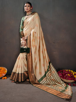 Akhilam - Women Silk Blend Cream Woven Saree with Unstitched Blouse