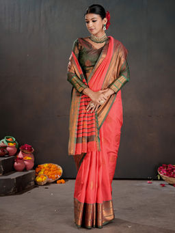 Akhilam - Women Silk Blend Coral Woven Saree with Unstitched Blouse