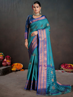 Akhilam - Women Turquoise Silk Blend Woven Saree with Unstitched Blouse