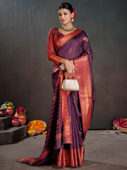 Akhilam - Women Silk Blend Purple Woven Saree with Unstitched Blouse