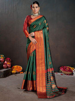 Akhilam - Women Green Woven Saree with Unstitched Blouse