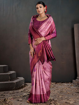 Akhilam - Women Pink Silk Blend Woven Saree with Unstitched Blouse