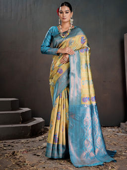 Akhilam - Women Yellow Silk Blend Woven Saree with Unstitched Blouse