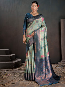 Akhilam - Woven Green Silk Blend Saree with Unstitched Blouse