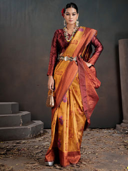 Akhilam - Women Orange Silk Blend Woven Saree with Unstitched Blouse