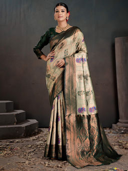 Akhilam - Women Woven Green Saree with Unstitched Blouse