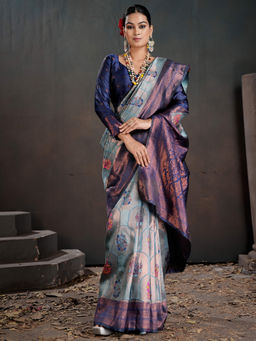 Akhilam - Women Silk Blend Woven Blue Saree with Unstitched Blouse