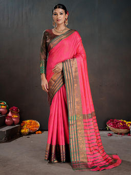 Akhilam - Women Silk Blend Woven Pink Saree with Unstitched Blouse