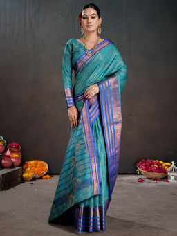 Akhilam - Women Silk Blend Woven Turquoise Saree with Unstitched Blouse