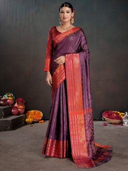 Akhilam - Purple Silk Blend Woven Saree with Unstitched Blouse