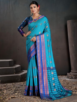 Akhilam - Turquoise Silk Blend Woven Saree with Unstitched Blouse