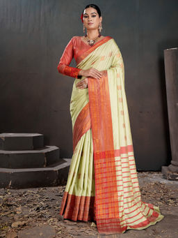 Akhilam - Green Woven Saree with Unstitched Blouse