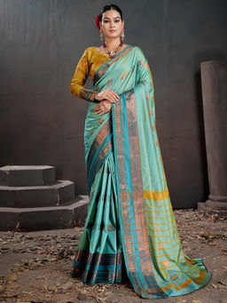 Akhilam - Silk Blend Green Saree with Unstitched Blouse