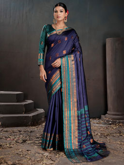 Akhilam - Women Silk Blend Navy Blue Woven Saree with Unstitched Blouse