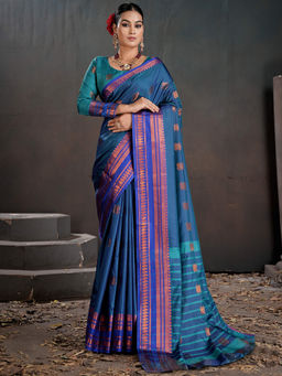 Akhilam - Silk Blend Blue Woven Saree with Unstitched Blouse