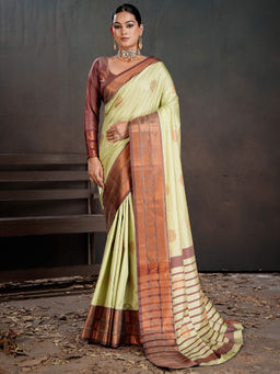 Akhilam - Green Silk Blend Saree with Unstitched Blouse