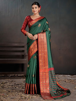 Akhilam - Woven Silk Blend Green Saree with Unstitched Blouse