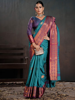 Akhilam - Women Silk Blend Turquoise Woven Saree with Unstitched Blouse