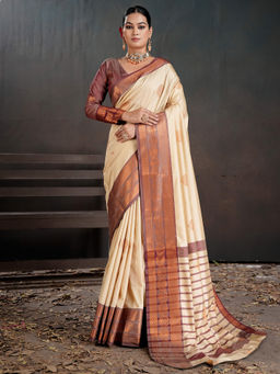 Akhilam - Women Silk Blend Woven Beige Saree with Unstitched Blouse
