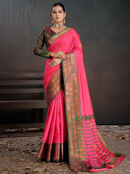 Akhilam - Women Pink Woven Saree with Unstitched Blouse