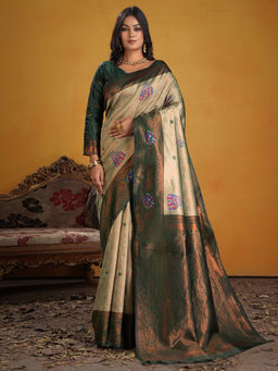 Akhilam - Women Green Silk Blend Woven Saree with Unstitched Blouse