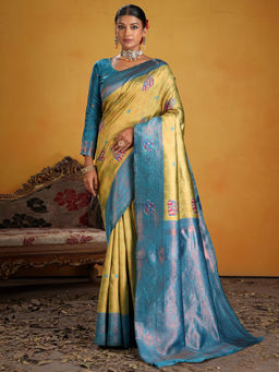 Akhilam - Women Yellow Silk Blend Woven Saree with Unstitched Blouse