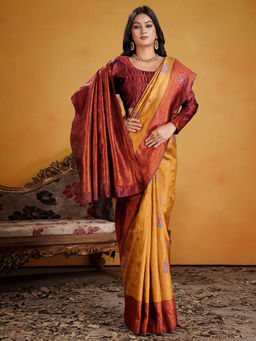 Akhilam - Women Silk Blend Orange Woven Saree with Unstitched Blouse
