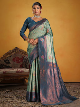 Akhilam - Women Woven Silk Blend Green Saree with Unstitched Blouse