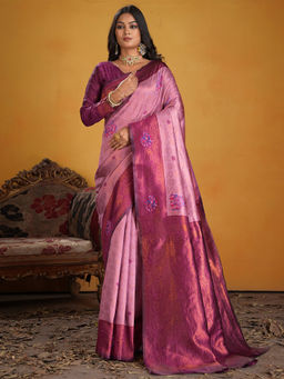 Akhilam - Women Silk Blend Pink Woven Saree with Unstitched Blouse