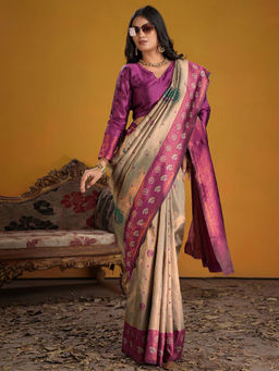 Akhilam - Women Silk Blend Beige Woven Saree with Unstitched Blouse