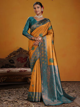 Akhilam - Women Silk Blend Woven Mustard Saree with Unstitched Blouse