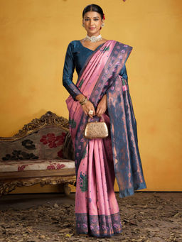Akhilam - Silk Blend Woven Pink Saree with Unstitched Blouse