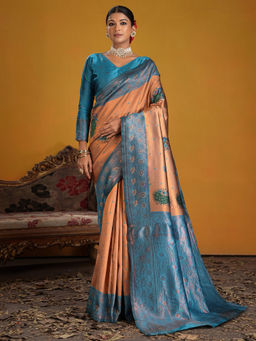 Akhilam - Women Silk Blend Rust Woven Saree with Unstitched Blouse
