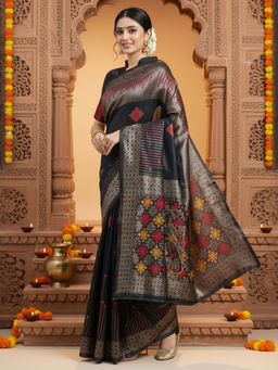 Akhilam - Women Silk Blend Black Woven Saree with Unstitched Blouse