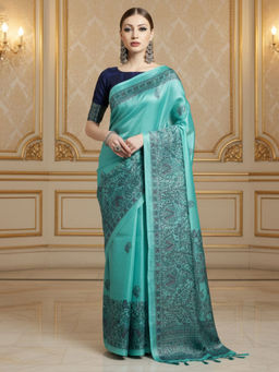 Akhilam - Women Tussar Silk Printed Green Saree with Unstitched Blouse
