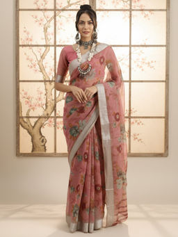 Akhilam - Women Cotton Linen Pink Printed Saree with Unstitched Blouse
