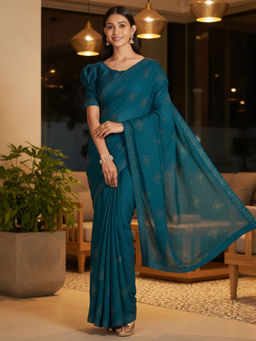 Akhilam - Women Satin Teal Embellished/Sequined Saree with Unstitched Blouse