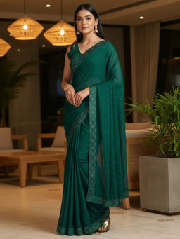 Akhilam - Women Satin Green Embellished/Sequined Saree with Unstitched Blouse