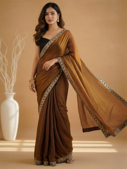 Akhilam - Women Satin Bronze Embellished/Sequined Saree with Unstitched Blouse