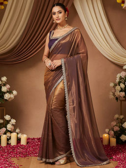 Akhilam - Women Net Brown Embellished/Sequined Saree with Unstitched Blouse