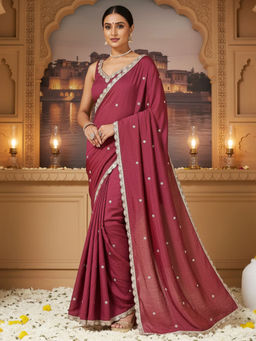 Akhilam - Women Silk Blend Pink Embroidered Saree with Unstitched Blouse