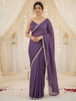 Sareemall - Women Satin Embellished Designer Lavendar Saree with Unstitched Blouse