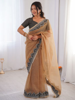 Akhilam - Women Net Brown Embroidered Saree with Unstitched Blouse