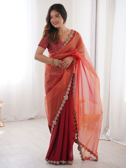 Sareemall - Women Net Embellished Designer Maroon Saree with Unstitched Blouse