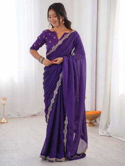 Sareemall - Women Pure Georgette Embellished Purple Saree with Unstitched Blouse