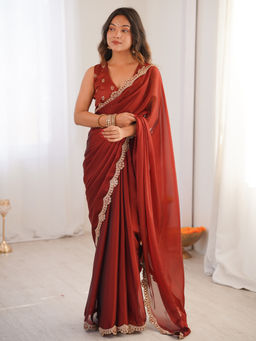 Sareemall - Women Pure Georgette Embellished Maroon Saree with Unstitched Blouse